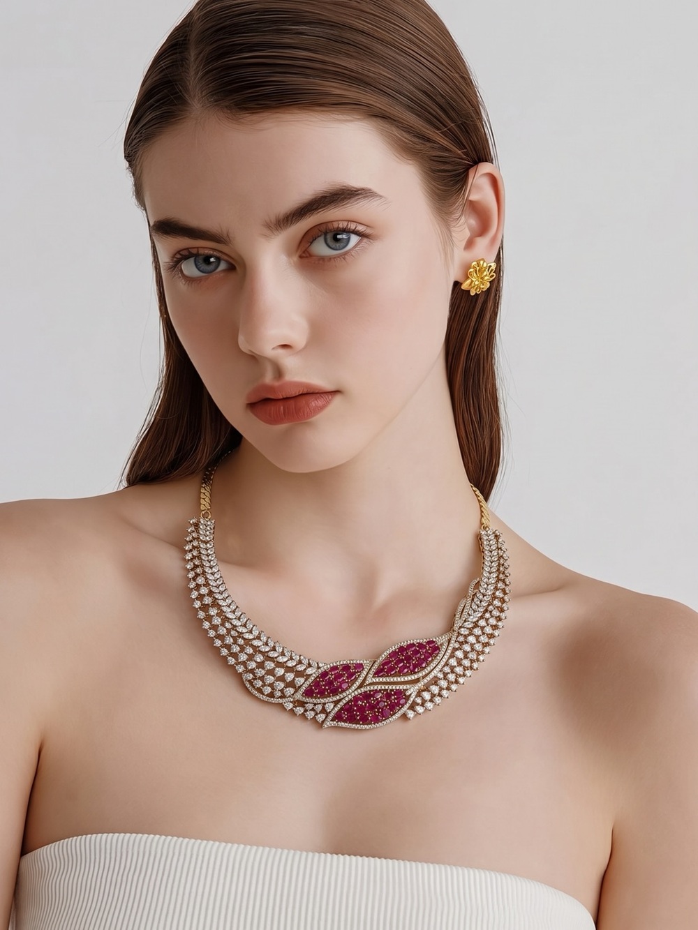 Elegant Gold-Tone Necklace with Ruby Gem Accents